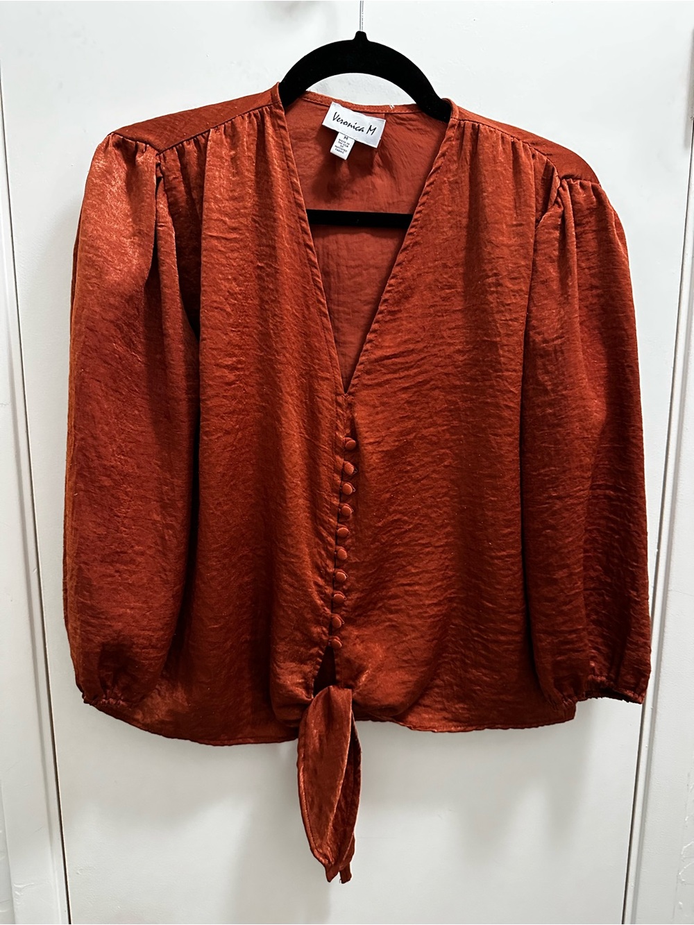 Veronica M Burnt Orange Satin Tie-Front V-Neck Blouse